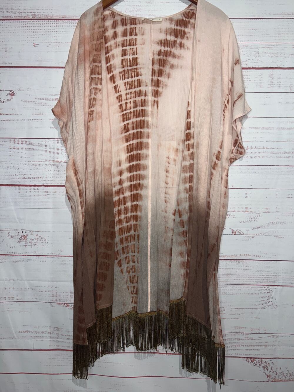 Kyemi Pink & Brown Tie Dye Fringe Trimmed Kimono